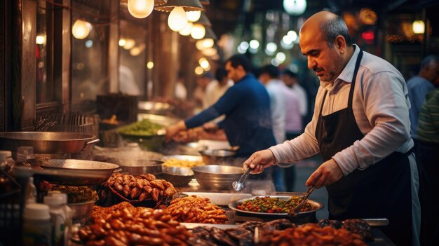 Bullicioso bazar turco con carnes a la parrilla y pasteles dulces