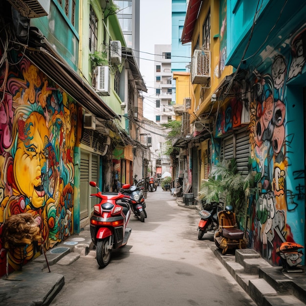 Un bullicioso callejón en la ciudad de Ho Chi Minh con colorido arte callejero y vibrantes puestos de mercado