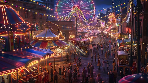 Foto un bullicioso carnaval nocturno lleno de gente y atracciones