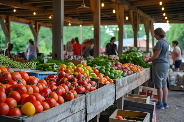 Bullicioso mercado de agricultores repleto de abundantes productos frescos Un bullicioso mercado de agricultores situado en una colección de puestos de madera ordenados Generado por IA