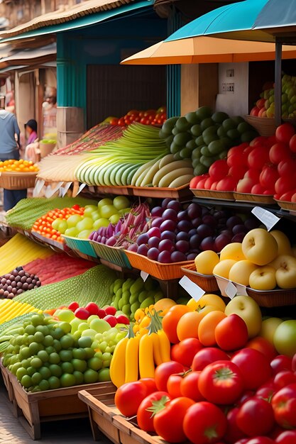 Un bullicioso mercado al aire libre con coloridas frutas y verduras Viaje por Asia y América del Sur