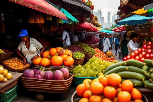 Bullicioso mercado al aire libre con coloridas frutas y verduras Viajes por Asia y América del Sur