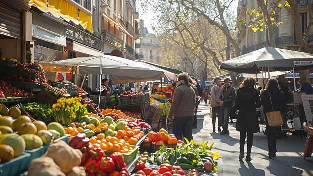 Foto un bullicioso mercado al aire libre está lleno de gente comprando productos frescos hay muchos tipos diferentes de frutas y verduras a la venta