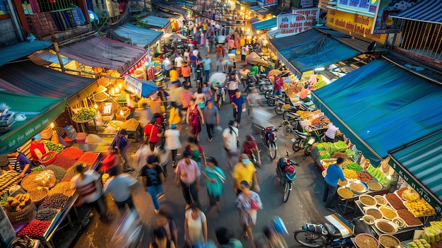 Foto un bullicioso mercado asiático con personas que compran y venden una variedad de bienes el mercado está lleno de color y vida