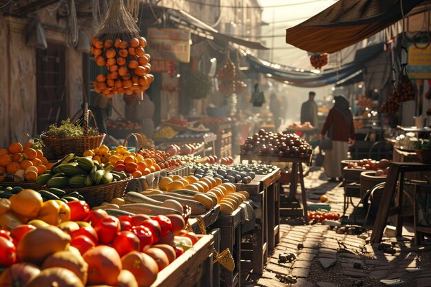 Foto un bullicioso mercado callejero con productos frescos