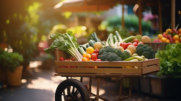 En un bullicioso mercado un carro lleno de productos de colores llama la atención cada artículo cultivado y