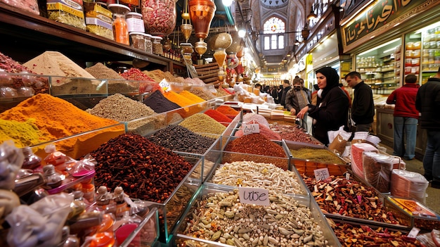 Foto un bullicioso mercado de especias con una variedad de especias, nueces y otros productos