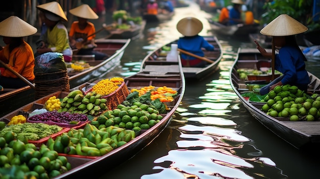 Un bullicioso mercado flotante en Tailandia con barcos llenos de frutas y verduras de colores