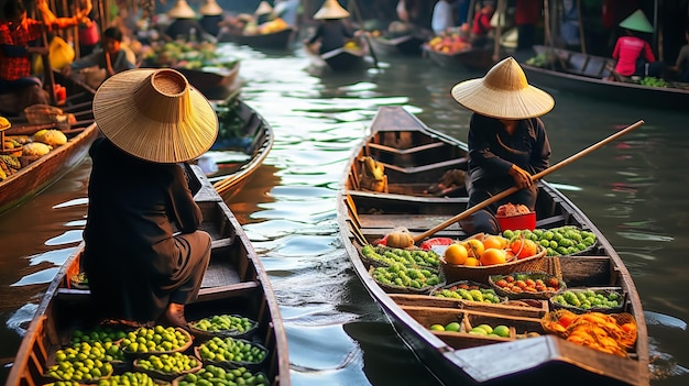 Un bullicioso mercado flotante en Tailandia con barcos llenos de productos frescos