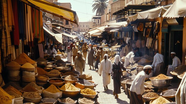 Foto un bullicioso mercado en marrakech, marruecos el mercado está lleno de gente comprando y vendiendo una variedad de productos