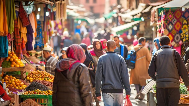 Foto un bullicioso mercado en marrakech, marruecos el mercado está lleno de personas que compran y venden una variedad de bienes, incluida comida, ropa y especias