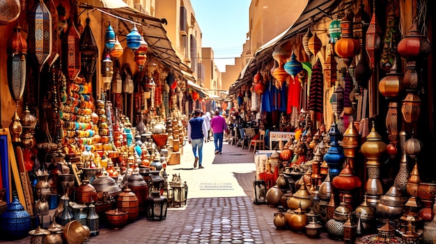 Foto un bullicioso mercado en marruecos lleno de vibrantes textiles, especias y artesanías que encarnan la esencia de la cultura marroquí.