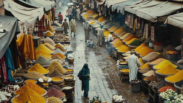 Foto un bullicioso mercado en marruecos el mercado está lleno de gente comprando y vendiendo mercancías