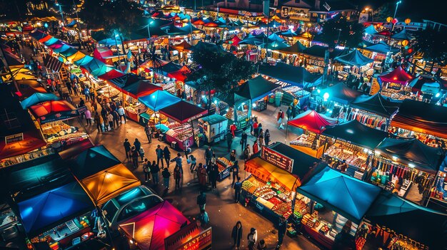 Foto un bullicioso mercado nocturno con una variedad de puestos que venden diferentes productos