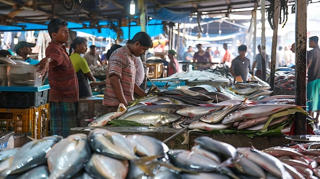 Un bullicioso mercado de pescado en la India El mercado está lleno de gente comprando y vendiendo pescado