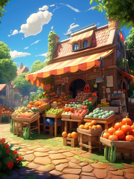 Foto un bullicioso y vibrante mercado de verano con puestos repletos de frutas frescas, verduras y coloridos