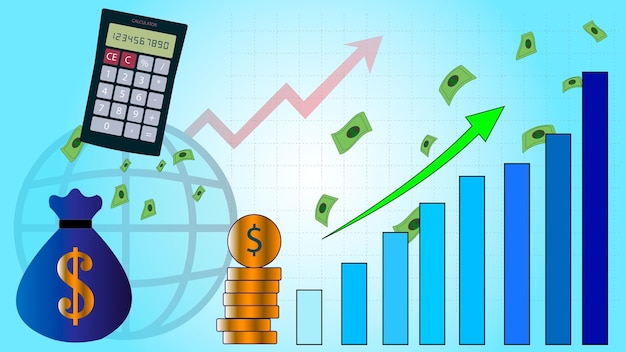 Bullish-Statistiken und Gewinndiagramme zusammen mit einem globalen Netzwerkrechner und Buchhaltung