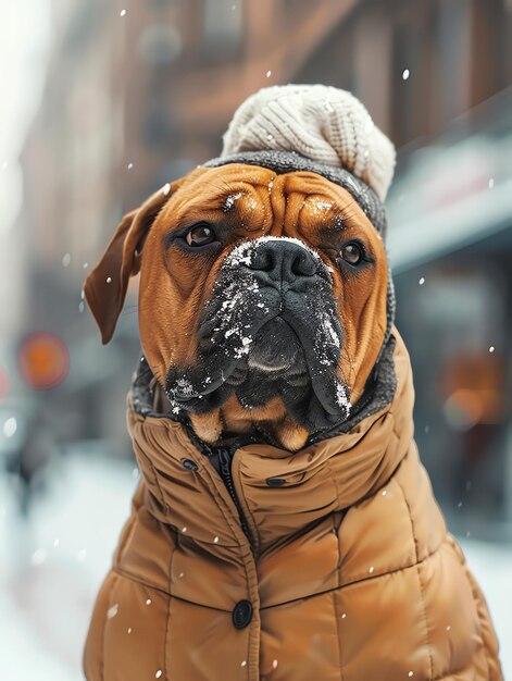 Foto bullmastiff engraçado e bonito em roupas de inverno