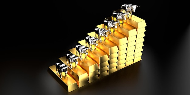 Bulls gold lingotes ilustração 3D do conceito de mercado de bolsa de valores