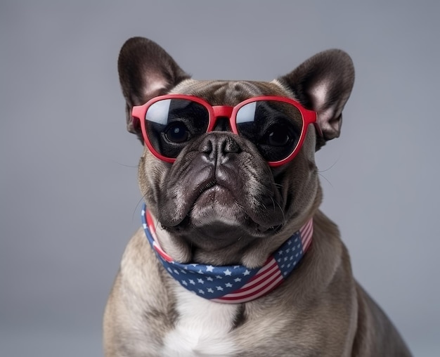 Bullterrier schwenkt am Unabhängigkeitstag, dem 4. Juli, mit Sonnenbrille eine Flagge der USA und Sieges- oder Friedensfinger