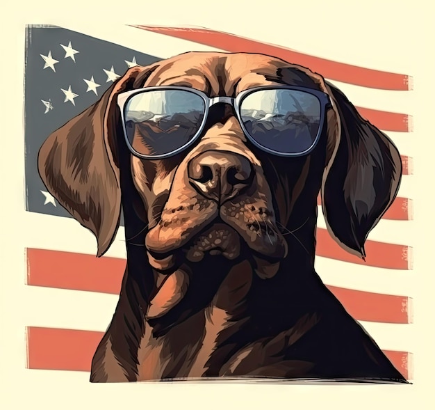 Bullterrier schwenkt am Unabhängigkeitstag, dem 4. Juli, mit Sonnenbrille eine Flagge der USA und Sieges- oder Friedensfinger