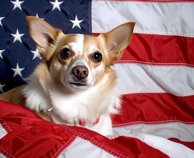 Bullterrier schwenkt am Unabhängigkeitstag, dem 4. Juli, mit Sonnenbrille eine Flagge der USA und Sieges- oder Friedensfinger