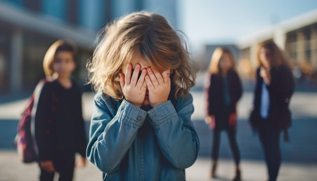 Bullying escolar Niña joven llorando con las manos cubriendo su cara con niños en el fondo