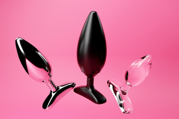 Bumbum preto plugues anais brinquedos sexuais na ilustração 3D de fundo isolado rosa Espaço vazio para o seu texto