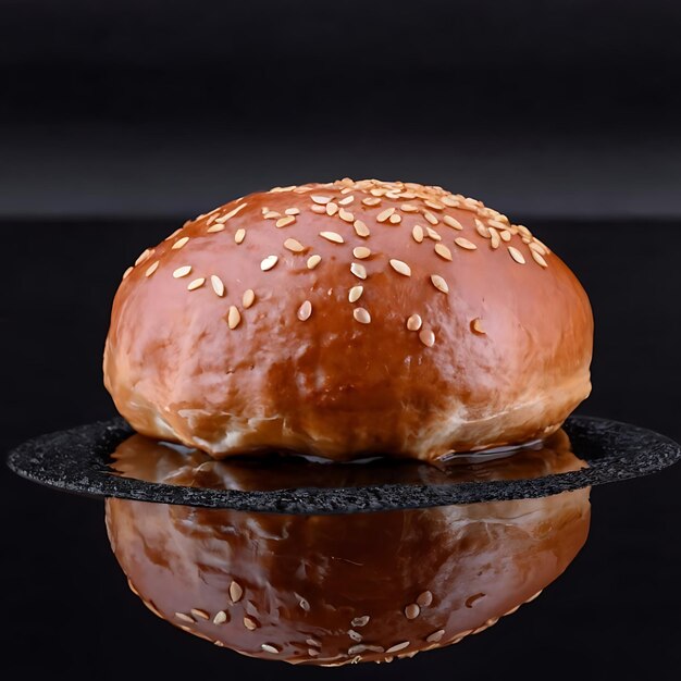 Foto bun con semillas de sésamo en un fondo negro con gotas de agua