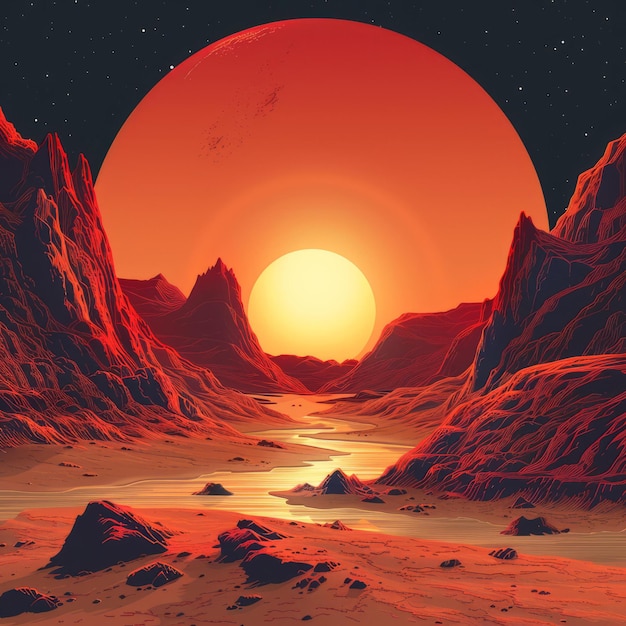 BUna ilustración de un planeta rojo con una luna grande y un río que lo atraviesa