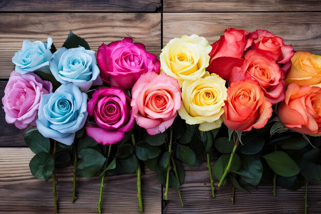 Foto bunch de rosas multicoloridas em tábuas de madeira feliz aniversário deitado em tábuas