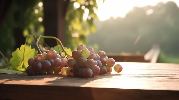 Bunch de uvas frescas em mesa de madeira com campo de vinha em fundo de sol espaço de cópia