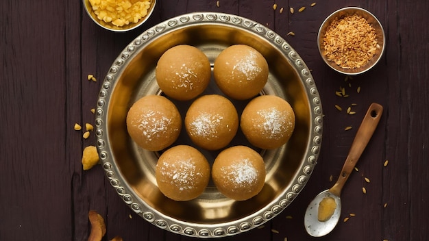 Foto bundi laddoo ou motichoor laddu preparado em ghee puro é um item doce popular em festivais como oferta