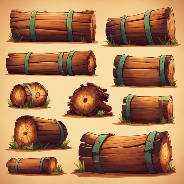 Bundle de troncos ilustração detalhada de mão renderizada em estilo de jogo Sea of Thieves estilo de desenho animado bonito