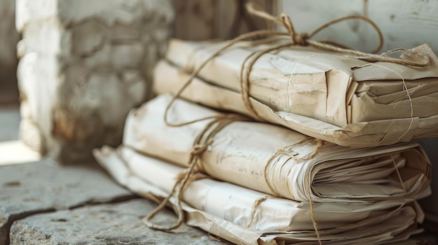 Bundles de papel atados con cuerda al lado de la acera