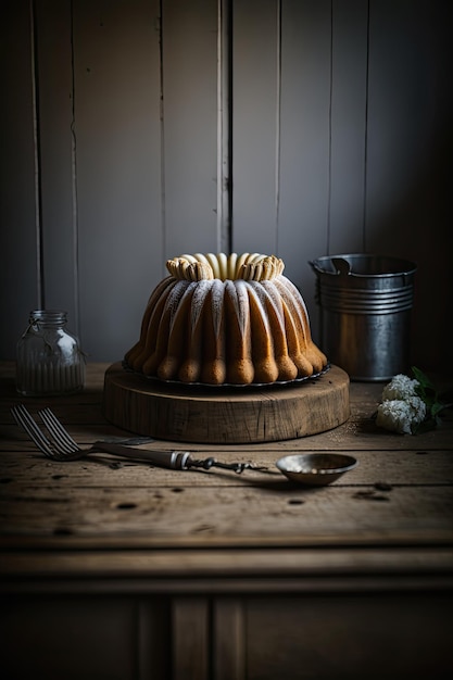 Bundt Cake en una mesa de madera Ilustración AI Generativo