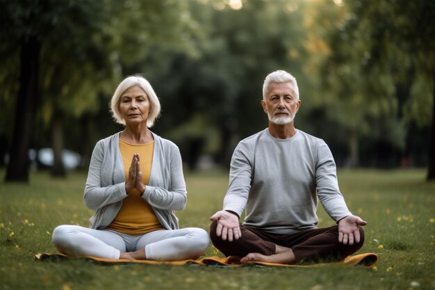 Übung Mann alter Yoga Fitness Gesundheit Pose Lotus Senior Sport Paar Generative KI