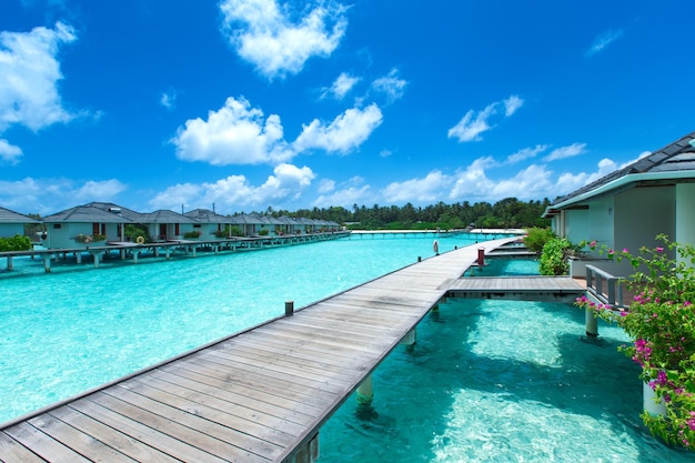 Bungalow de agua de Maldivas en el paisaje de agua del océano