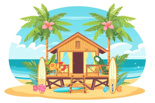 Bungalow am Strand mit Surfbrettern auf dem Deck Palmen im Hintergrund und Blumendekoration