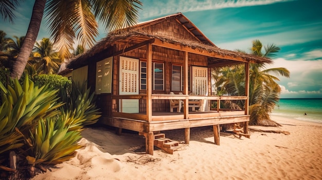 Foto bungalow am tropischen strand gemütliche touristenhütte aus holz