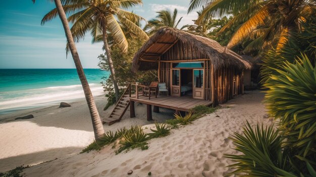 Bungalow em praia tropical Cabana turística de madeira aconchegante Gerada por IA