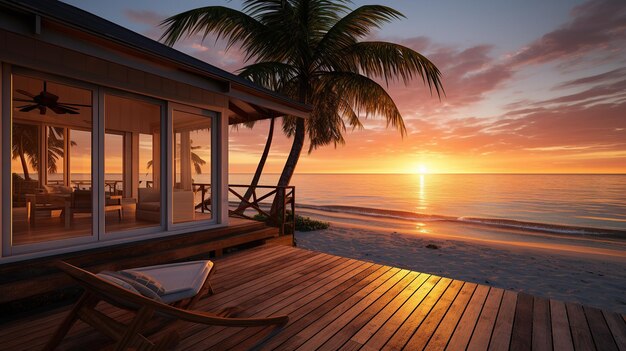 Foto bungalow frente a la playa abierto a una vista del océano al atardecer