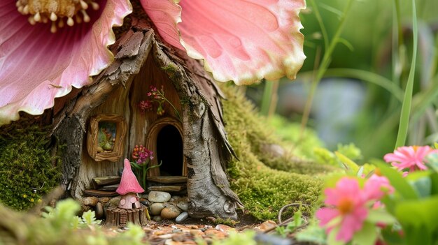 Un bungalow de hadas enclavado entre los pétalos de una flor gigante