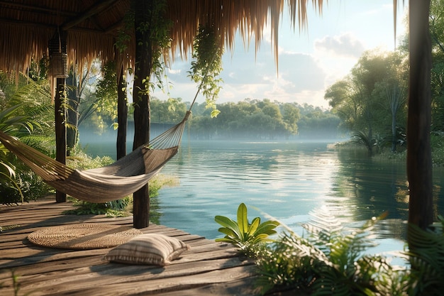 Foto bungalow tranquilo a la orilla del río con una hamaca