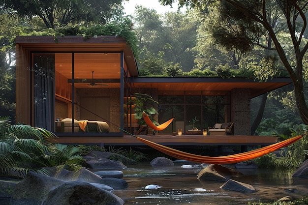 Foto bungalow tranquilo a la orilla del río con una hamaca