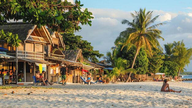 Foto bungalows con techo de paja en una playa tropical con palmeras y arena blanca