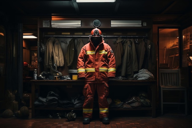 Bunkeranzug eines Feuerwehrmanns in der Feuerwache. Generative KI