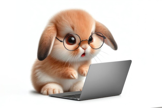 Bunny mit Brille und einem überraschten Blick auf ihrem Gesicht schaut auf einen Laptop auf weißem Hintergrund