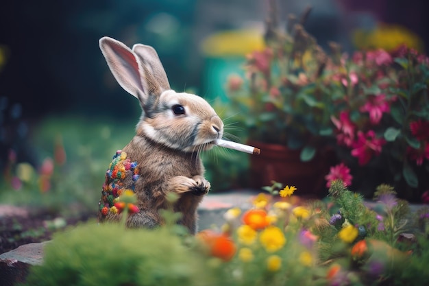 Bunny-Rauchlokal mit Blick auf bunte Blumen im Hintergrund, erstellt mit generativer KI