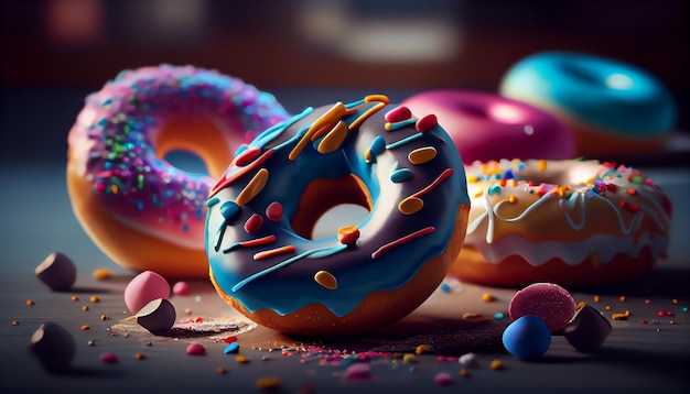 Bunt glasierte Donuts auf dunklem Holzhintergrundgenerative ai